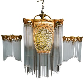 (3 Pc) Hector Guimard Style Bronze and Glass Chandelier Set