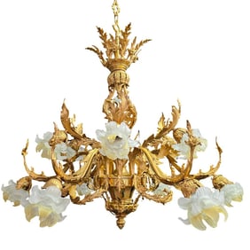 Italian Myran Allen Dore Bronze and Glass 12 Arm Chandelier