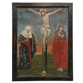 18th Century Spanish Colonial Crucifixion Oil on Canvas Painting