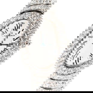 Cartier 18k White Gold and Diamond Baignoire Watch: Cartier 18k White Gold and Diamond Baignoire WatchMid to Late 20th Century, SwissCartier Baignoire watch, crafted in 18k white gold featuring quartz movement. Case, crown, and bracelet in 18k white go
