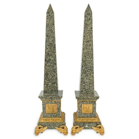 Antique Empire Style Gilt Bronze & Granite Obelisks