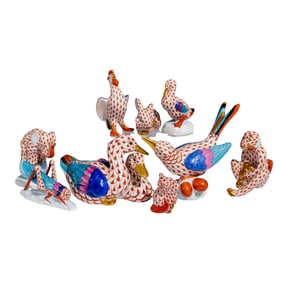 (9 Pcs) Herend Red Fishnet Porcelain Figurines