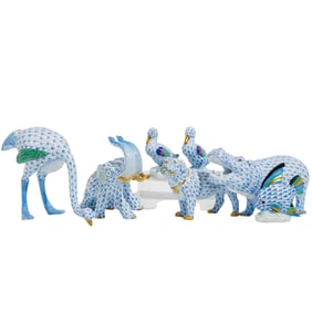 (8 Pcs) Herend Blue Fishnet Porcelain Figurines