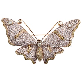 Vintage 18k Gold, Pink and Yellow Diamond Butterfly Brooch