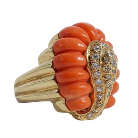 David Webb Style 18k Gold, Coral and Diamond Ring