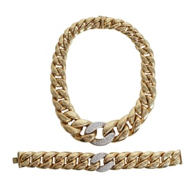 18k Gold and Diamond Chunky Link Bracelet and Necklace Set