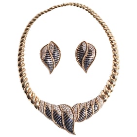 18K Gold, Diamond, and Sapphire Necklace & Earrings Set