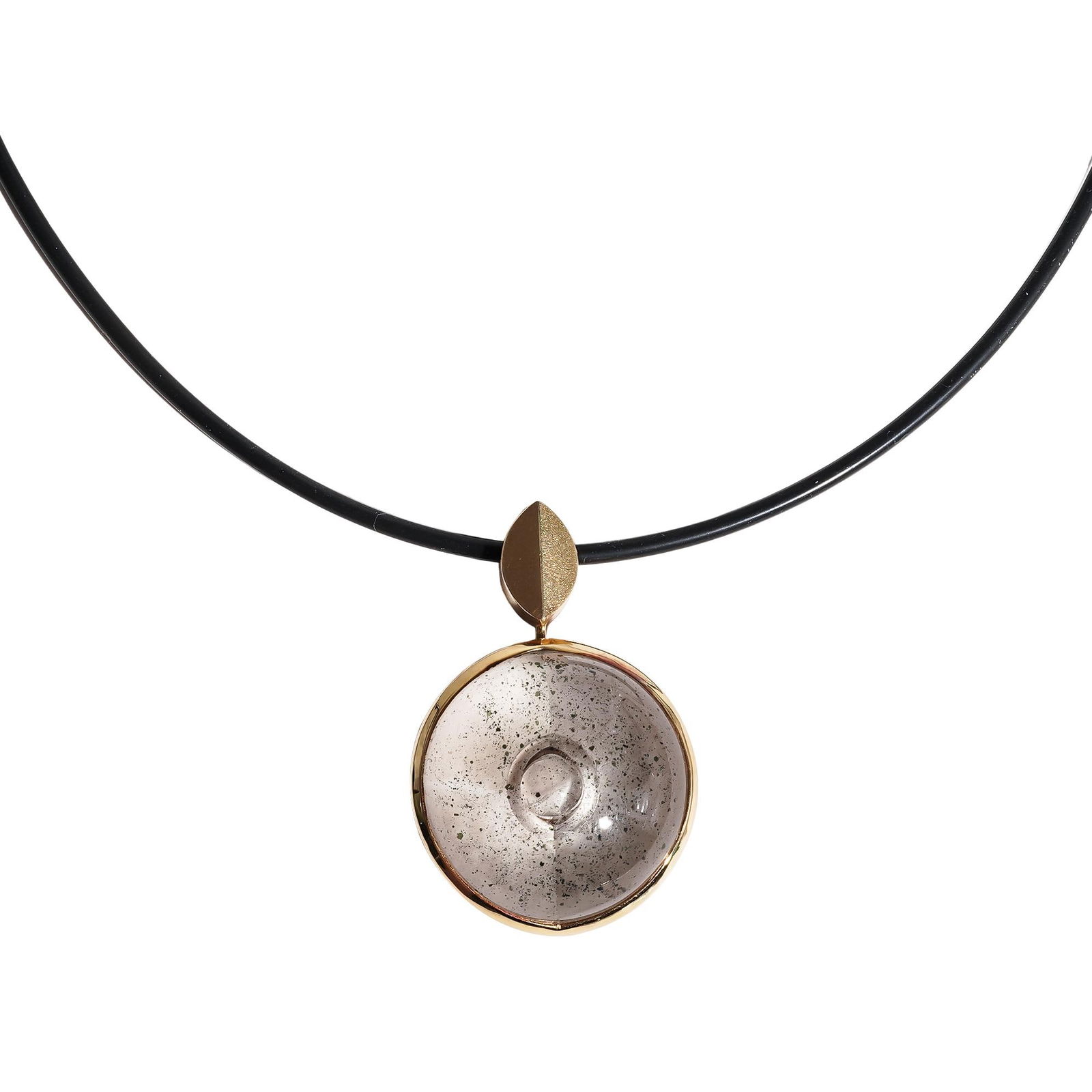 Munsteiner 18K Gold Pink Fire Quartz Pendant Necklace: Munsteiner 18K Gold Pink Fire Quartz Pendant NecklaceLate 20th c., GermanyCarved pink fire quartz pendant on a black cord. It is stamped with the Atelier Munsteiner and 750 hallmarks. The cord has a g