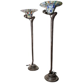 Pair of Edgar Brandt (1880-1960, French) Snake Lamps