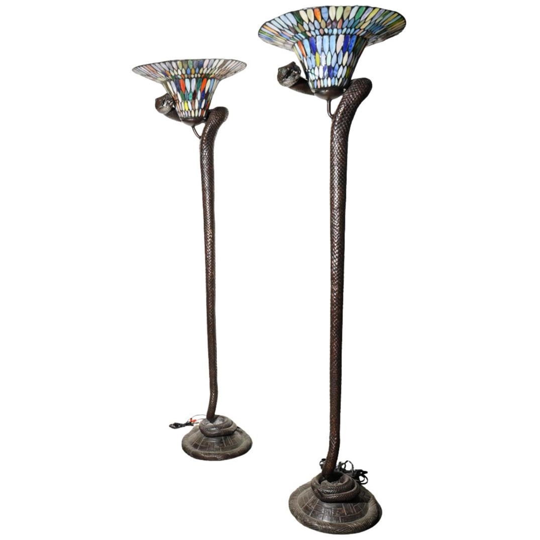 Pair of Edgar Brandt (1880-1960, French) Snake Lamps: Pair of Edgar Brandt (1880-1960, French) Snake LampsEarly to mid 20th century, FrenchPair of Edgar Brandt (1880-1960, French) lamps with curling rattlesnake design and multicolored glass lampshades. S