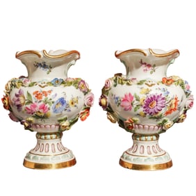 (2 Pc) Pair Of Antique Miniature Meissen Porcelain Urn Vases