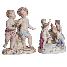 (2 Pc) Pair Of Antique Meissen Porcelain Putti Cherub Group Figures