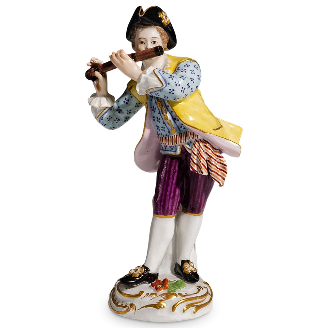 Antique Meissen Porcelain "Flute Player" Figurine: Antique Meissen Porcelain "Flute Player" Figurine19th Century, GermanyAntique Meissen porcelain figurine depicting a "Flute Player" male figure standing on a rounded base. The flute player formed part