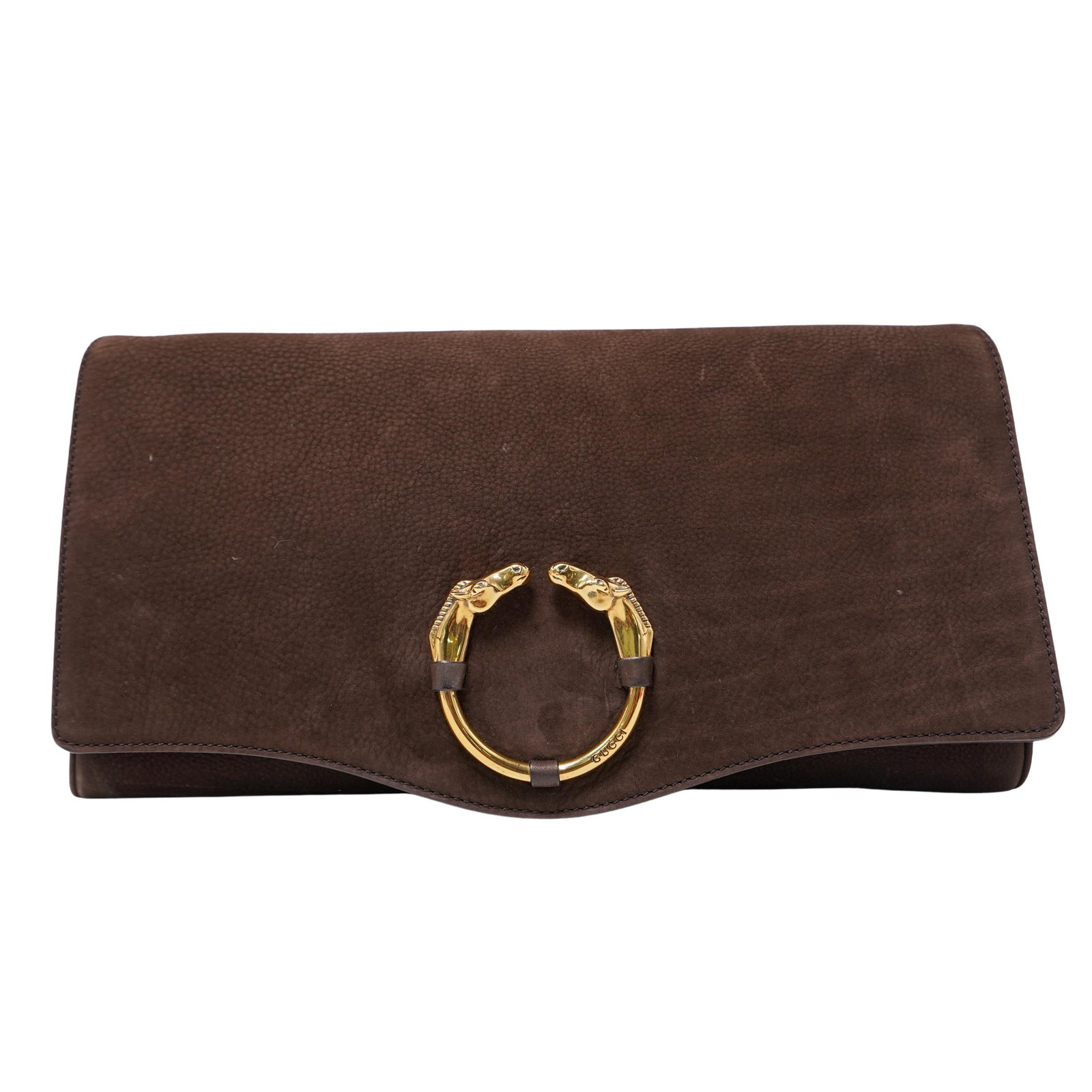 Gucci Nubuck Ribot Horse-Heads Clutch: Gucci Nubuck Ribot Horse-Heads Clutch Late 20th Cent, Italy This is a Gucci Nubuck Ribot Horse-Heads Clutch in brown. This evening clutch is crafted of brown leather trimmed with a frontal brass doubl