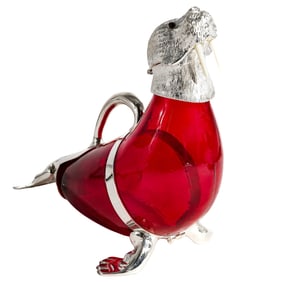 Silver Plated & Ruby Red Glass 'Walrus" Wine Decanter