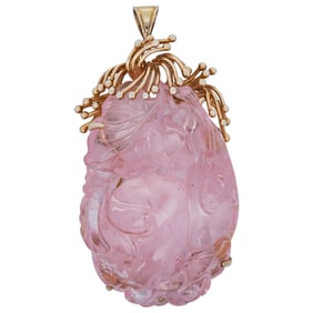 Carved Floral 14K Gold and Rose Quartz Pendant/Brooch