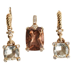 Judith Ripka 18k Gold Crystal and Diamond Pendant & Earrings