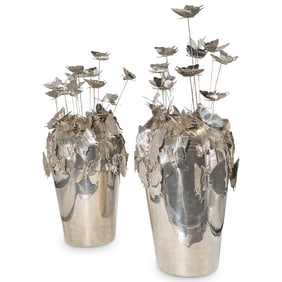 Pair of Figura For Athena Large Silvered Pewter Butterfly Urns