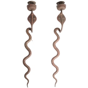Pair of Signed Egyptian Revival Bronze Cobra Sconces