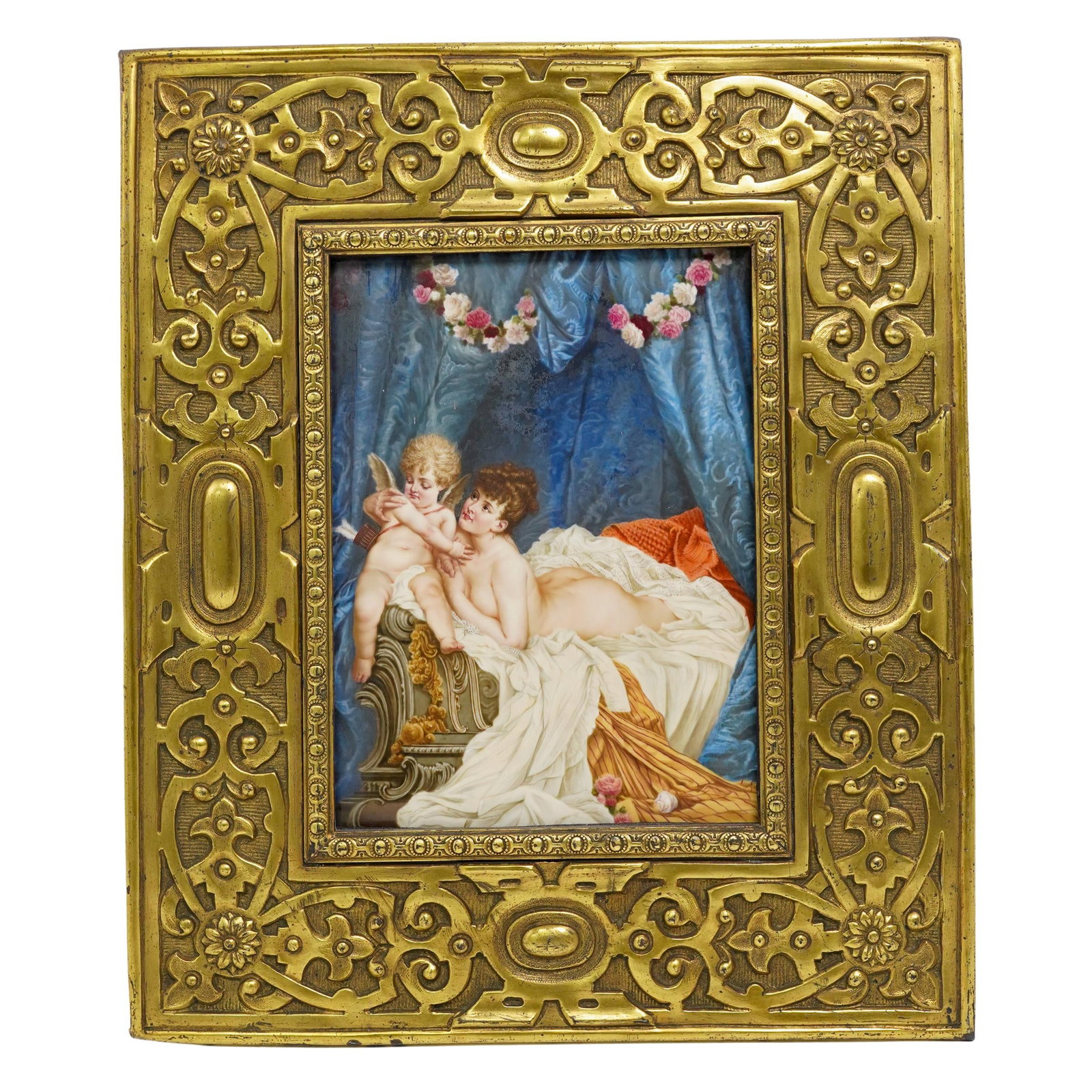KPM Hand Painted Porcelain Plaque: KPM Hand Painted Porcelain Plaque Late 19th-early 20th century, Germany A KPM Germany hand-painted porcelain plaque featuring a depiction of a nude woman holding a cherub (Cupid). Marked on back with 