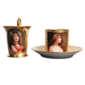 (3 pcs) Royal Vienna Gilt Porcelain Portrait Cups & Saucer