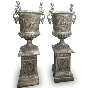 Pair of Neoclassical Outdoor Urns on Pedestals