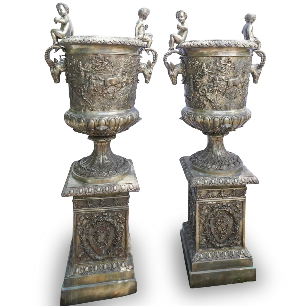 Pair of Neoclassical Outdoor Urns on Pedestals (1 of 8)