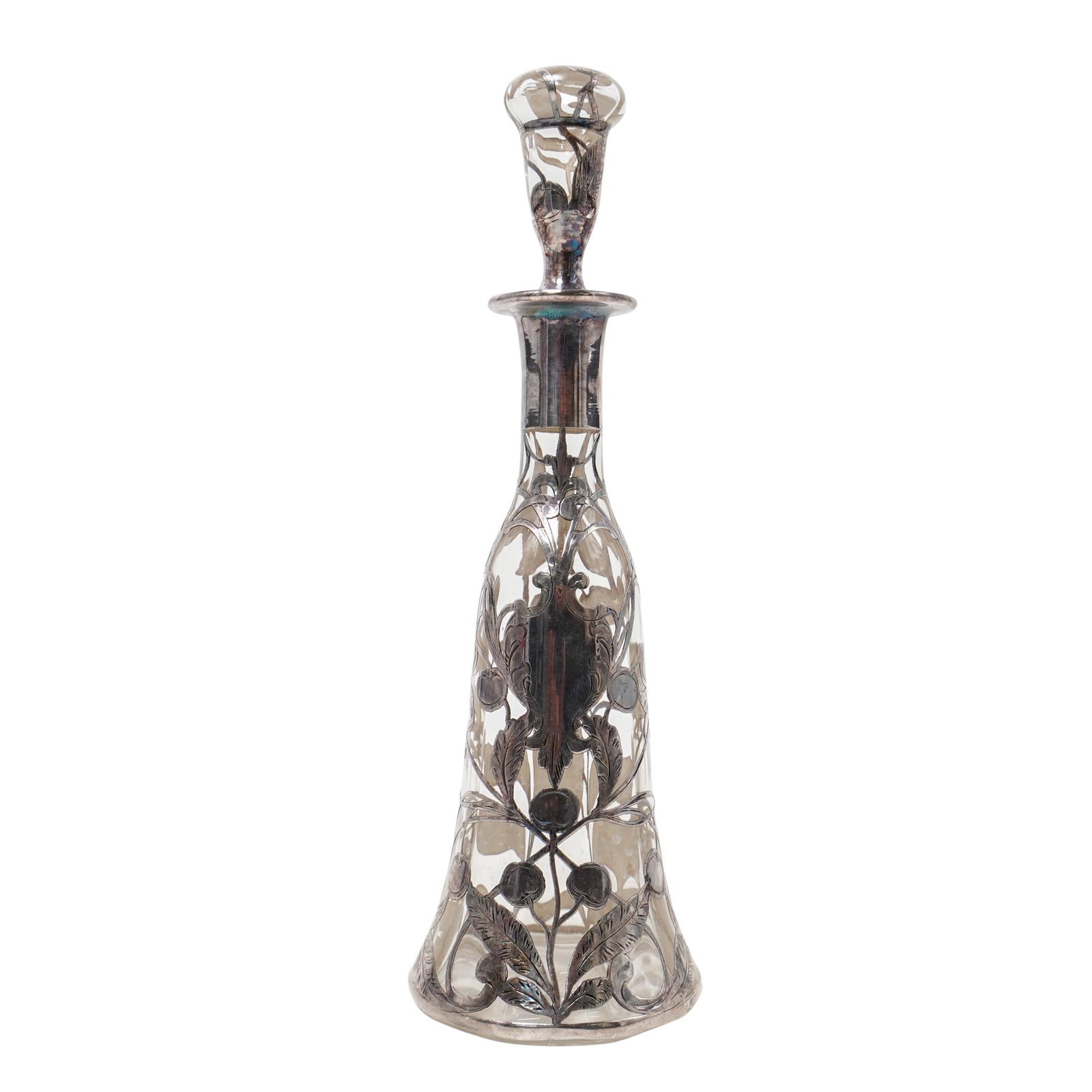 Steuben Sterling Silver Overlay Decanter: Steuben Sterling Silver Overlay DecanterEarly 20th Century, USASteuben Sterling Silver overlay decanter with matching stopper, embellished with intertwined foliage with fruit motifs.H: 10" W: 3 1/4"
