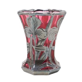Steuben Sterling Silver Overlay Selenium Red Glass Vase