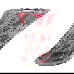 Steuben Sterling Silver Overlay Selenium Red Glass Vase: Steuben Sterling Silver Overlay Selenium Red Glass VaseEarly 20th Century, AmericanSteuben sterling silver overlay glass octagonal small vase, with scalloped rim, designed with Steuben selenium red gl