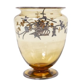 Steuben Glass Vase W/ Sterling Silver Overlay Motifs