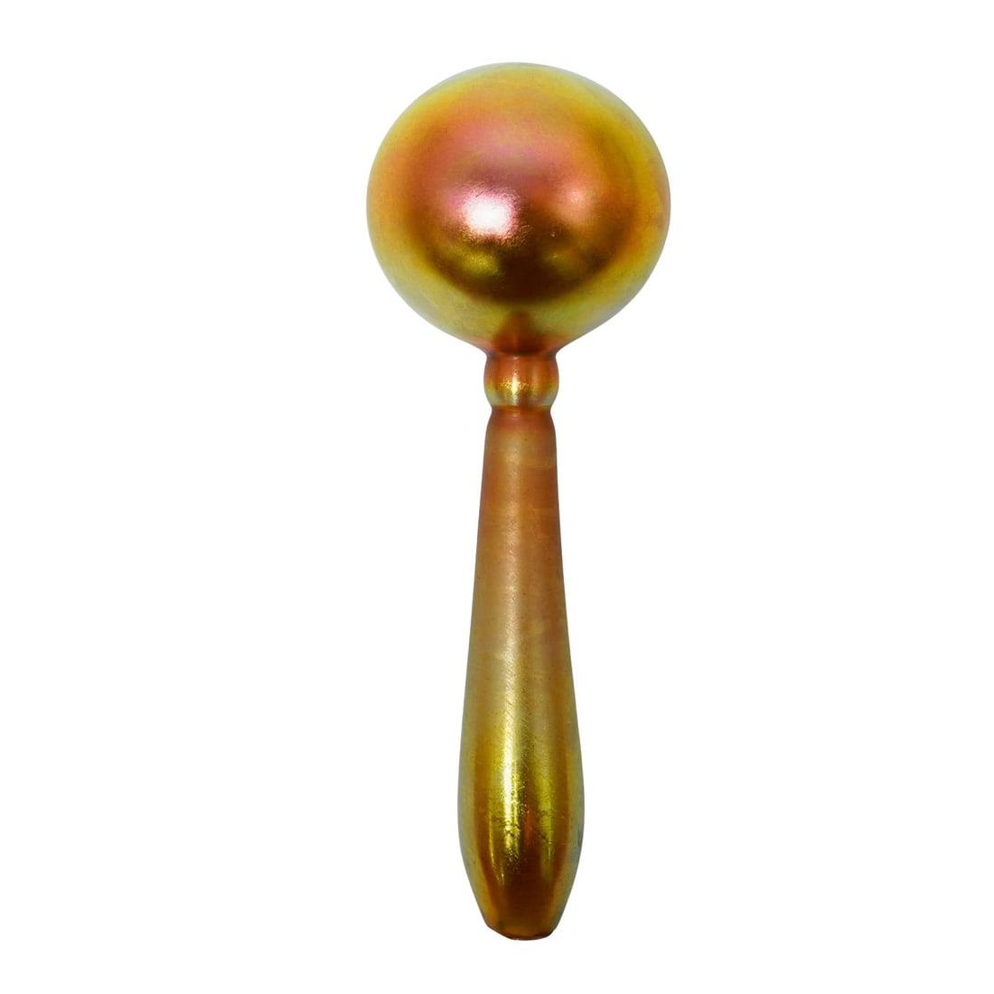 Steuben Gold Aurene Glass Darner: Steuben Gold Aurene Glass Darner20th Century, AmericanSteuben Gold Aurene iridescent gold glass sock darner with multicolored reflections, from the 1930s.L: 7 1/4"