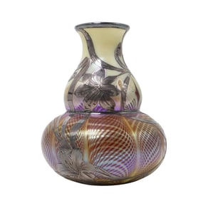 Quezal Silver Overlay Double Gourd Glass Vase