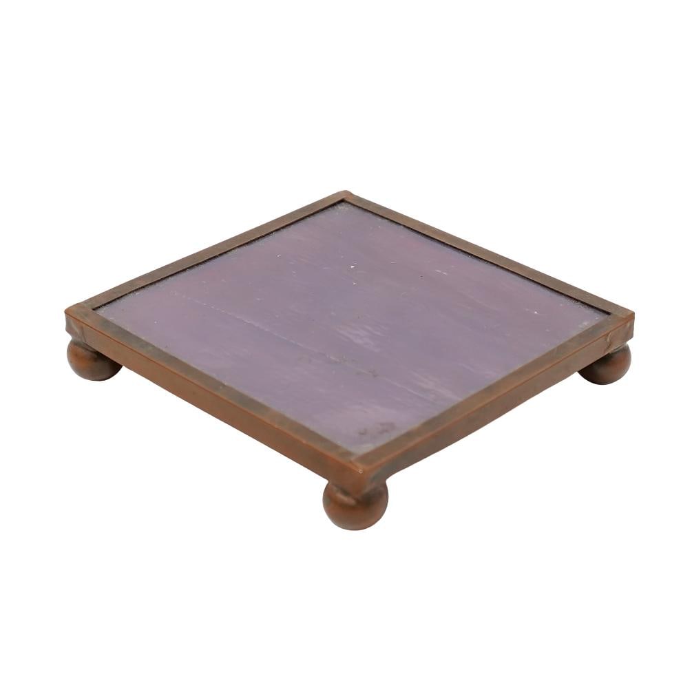 Orient and Flume Glass and Bronze Base: Orient and Flume Glass and Bronze Base Mid-Late 20th Cent Orient and flume glass base encased in a bronze frame, sits atop four ball feet. Signed. 3" x 3"