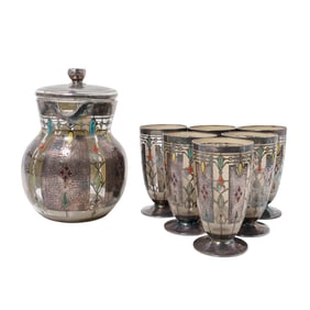 (7 Pc) Sterling Silver Overlay & Enamel Glass Pitcher/Cups Set