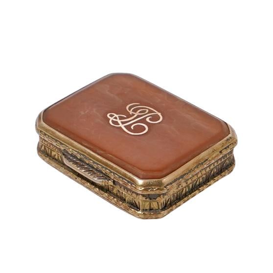 Antique Italian 800 Silver Carnelian Pill Box: Antique Italian 800 Silver Carnelian Pill BoxEarly 20th Century, ItalyAntique Italian 800 vermeil silver double sided carnelian small pill box, with monogram. Marked 800 silver hallmarks.H: 1/2" W: 1