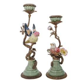Pair of Mark Roberts Porcelain & Bronze Bird Candle Sticks