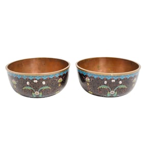 (2 Pc) Antique Chinese Enamel Cloisonne Floral Copper Bowls