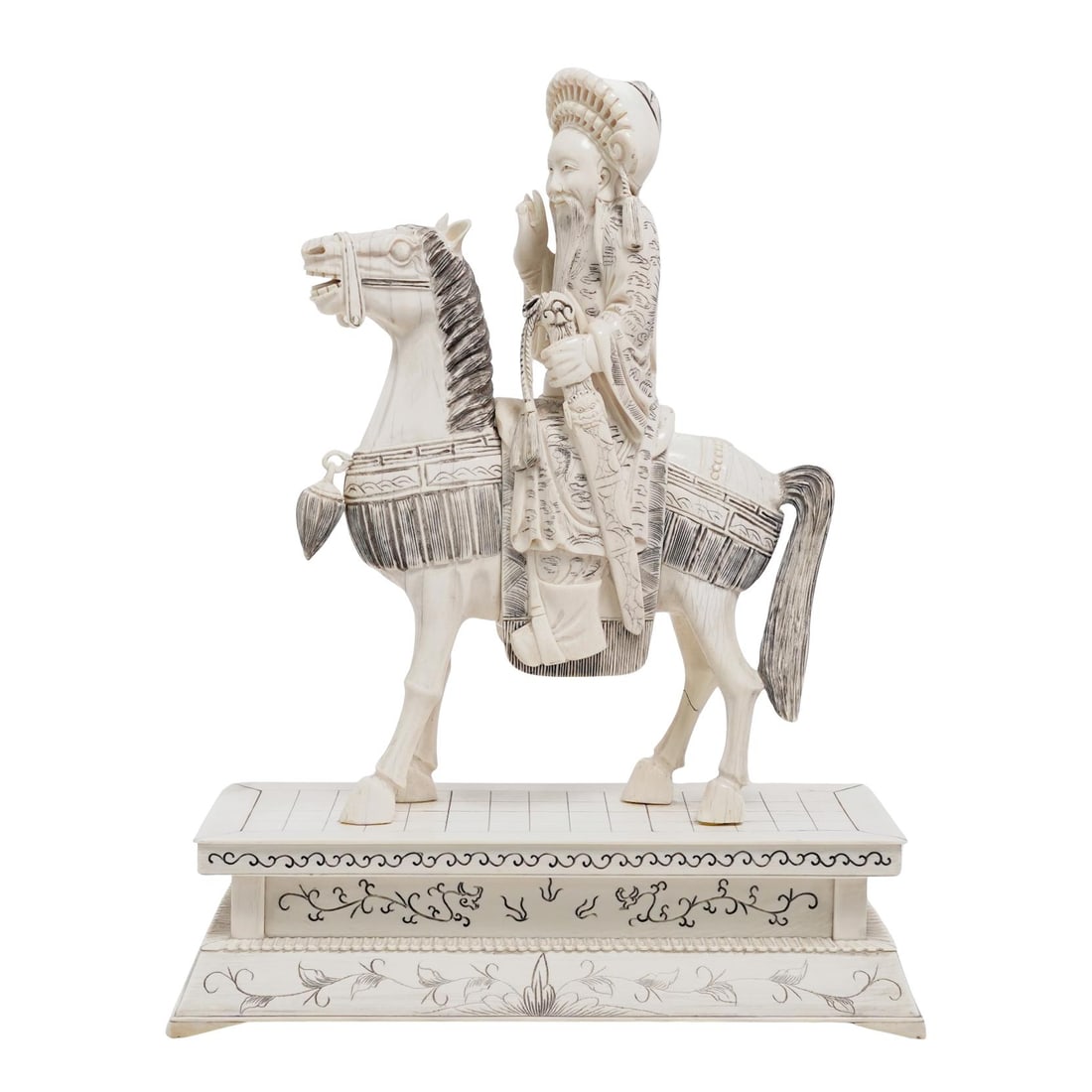 Chinese Carved Bone Warrior on Horse: Chinese Carved Bone Warrior on HorseLate 19th-early 20th century, ChinaA carved bone depiction of a Chinese warrior or dignitary on horseback. The figure has one hand on the handle of his sword and th
