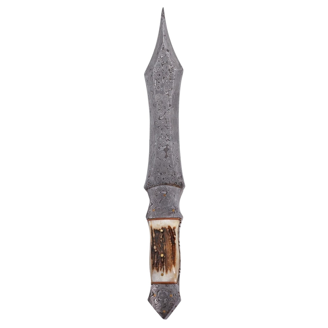 Antique Damascus Steel and Bone Dagger: Antique Damascus Steel and Bone DaggerLate 19th-early 20th century, Near East RegionAn antique Damascus steel bladed dagger with a carved bone inlay on handle.L 13 5/8" Blade W 1 3/4" Handle W 1 1/2"