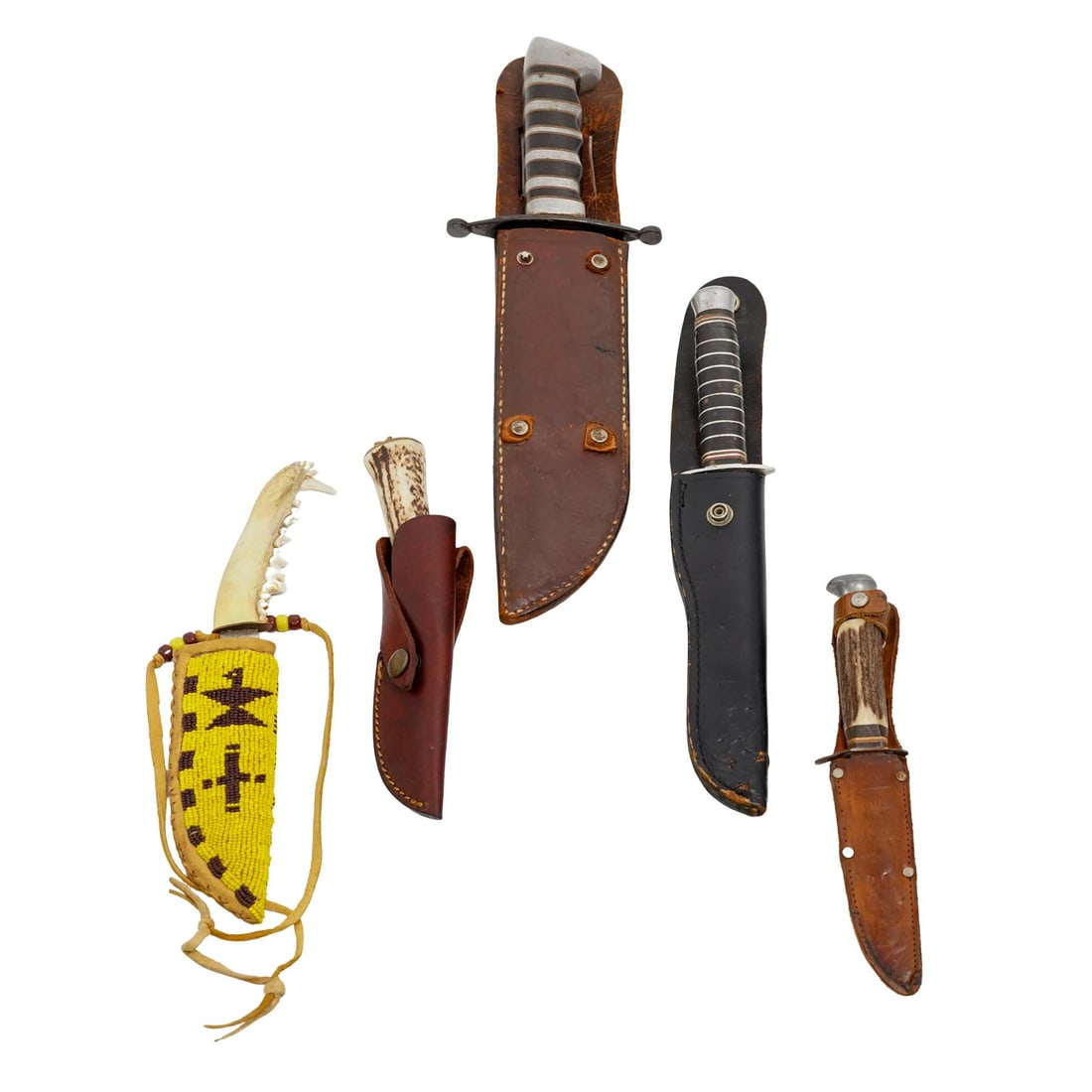 (5 Pc) Varied Knives Collection Grouping: (5 Pc) Varied Knives Collection Grouping20th Century, Varied(5 Pc) Varied Knives Collection Grouping. Includes:(1 Pc) Antique Native American Northern Plains old trade skinning knife with beaded sheat