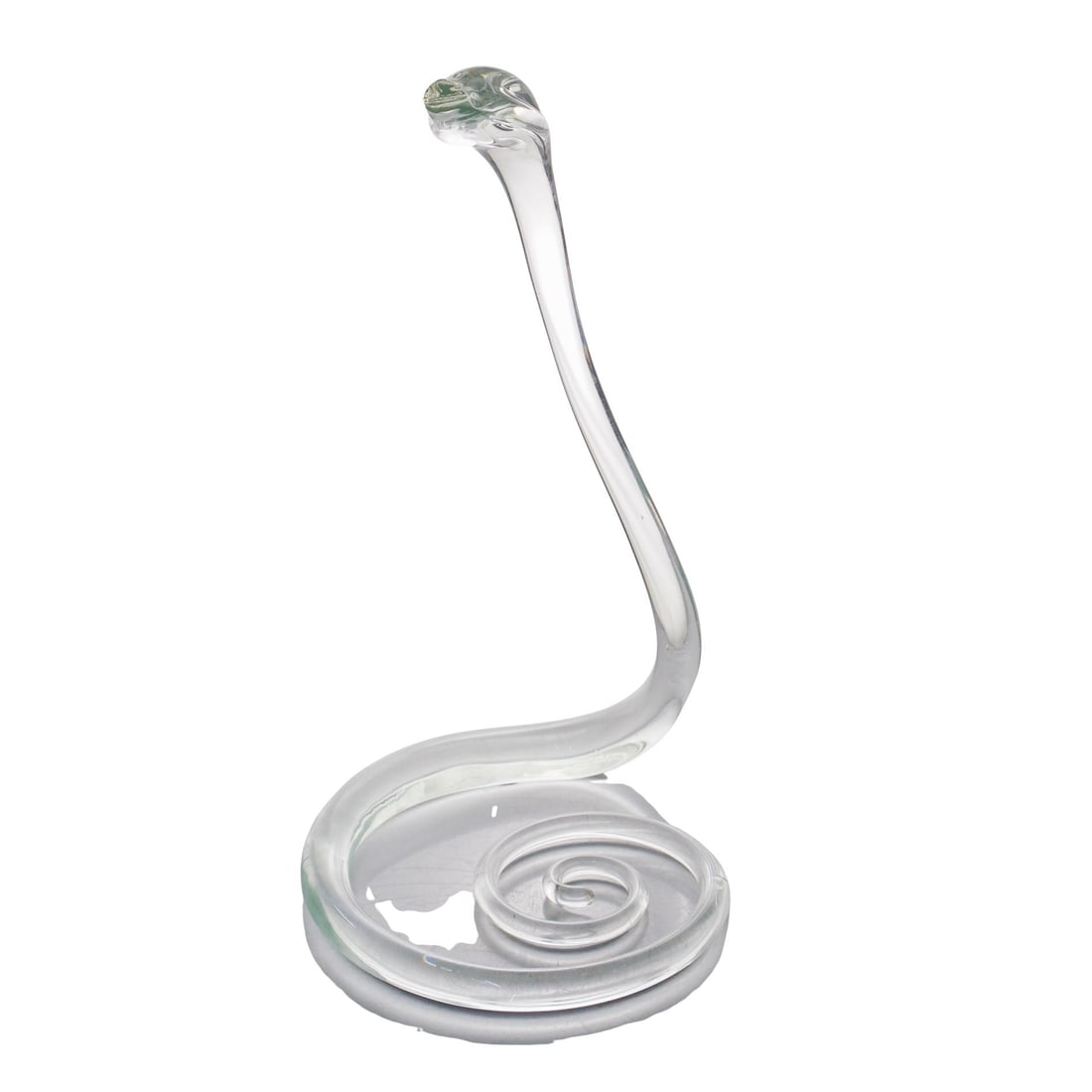 Vintage Glass Coiled Snake: Vintage Glass Coiled Snake Mid 20th century, Continental A vintage clear glass coiled snake decoration. Marked on bottom with handwritten sticker. H 15 3/4" Diameter 8 5/8"