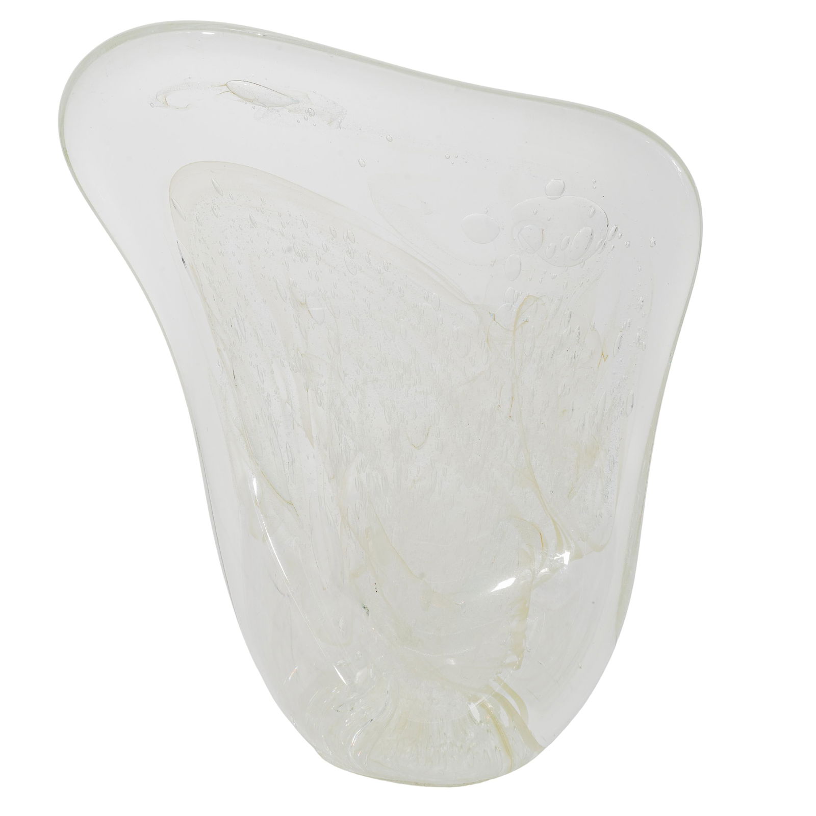 Rollin Karg Art Glass Sculpture: Rollin Karg Art Glass Sculpture1995, USABlown bullicante glass sculpture featuring clear glass with, gold, and iridescent white swirls. It is signed and dated by the artist at the bottom.H: 11.5" W: 4