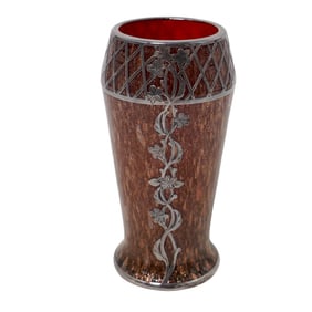 Art Nouveau Bohemian Silver Overlay Art Glass Vase