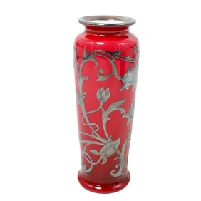 Art Nouveau European Glass Vase W/ Sterling Silver Overlay