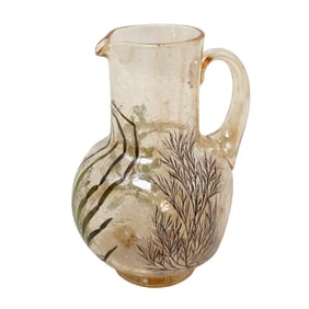 Antique Bohemian Crackle Art Glass and Enamel Pitcher