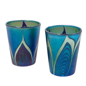 Pair Lundberg Studio Art Glass Pulled Feather Shot Glasses