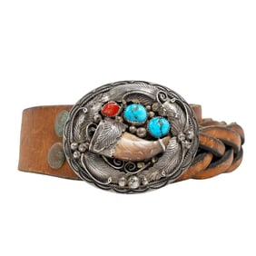 Navajo Sterling Silver Buckle Leather Belt