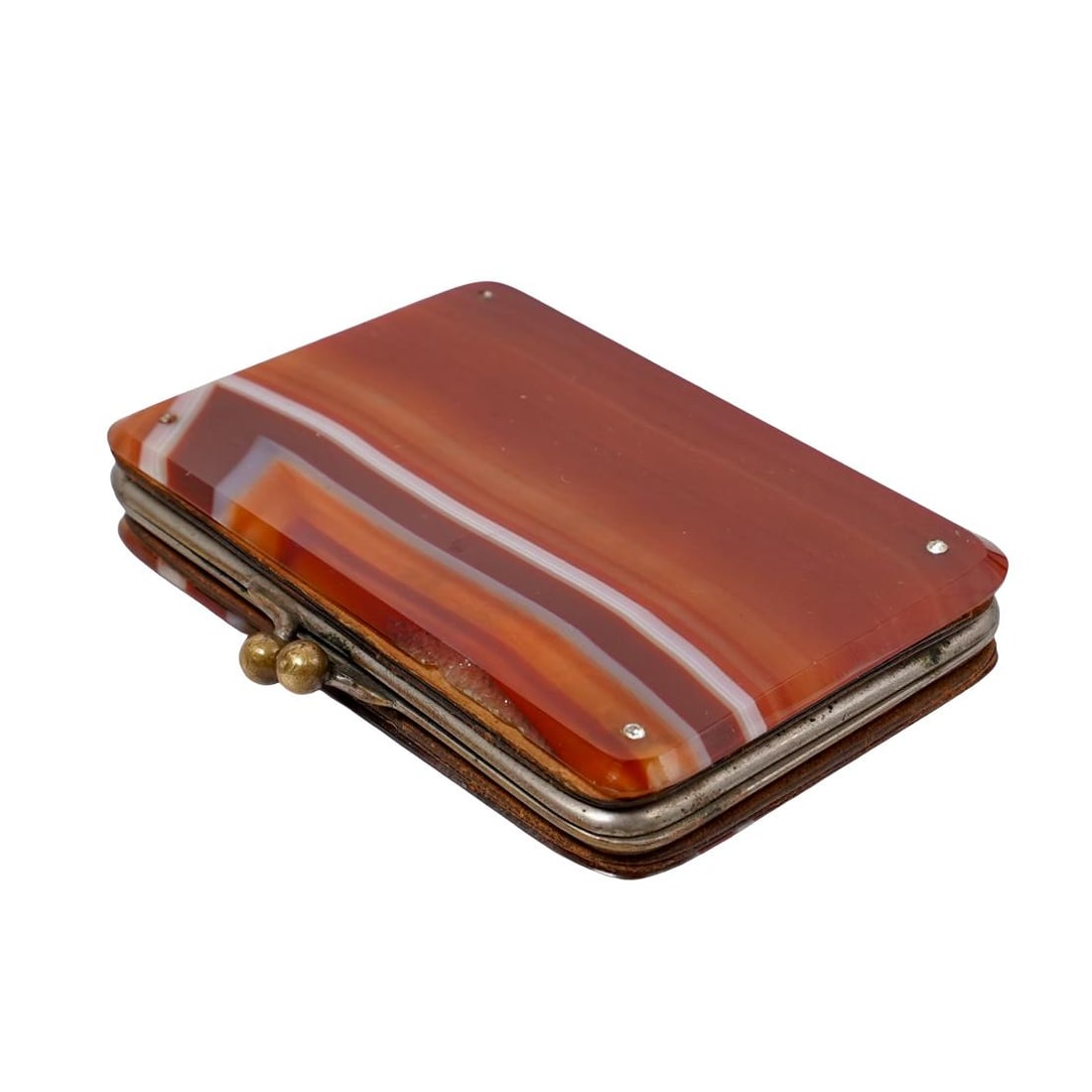 Antique Agate Wallet: Antique Agate Wallet19th-20th c., ContinentalPolished agate accordion wallet with three interior pockets. Clear accent gemstones set in the corners on both sides of the exterior.Approx. H: 2.75" W: 0.
