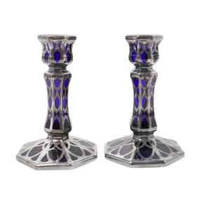 (2 Pc) Antique Sterling Silver Overlay Cobalt Blue Candlesticks